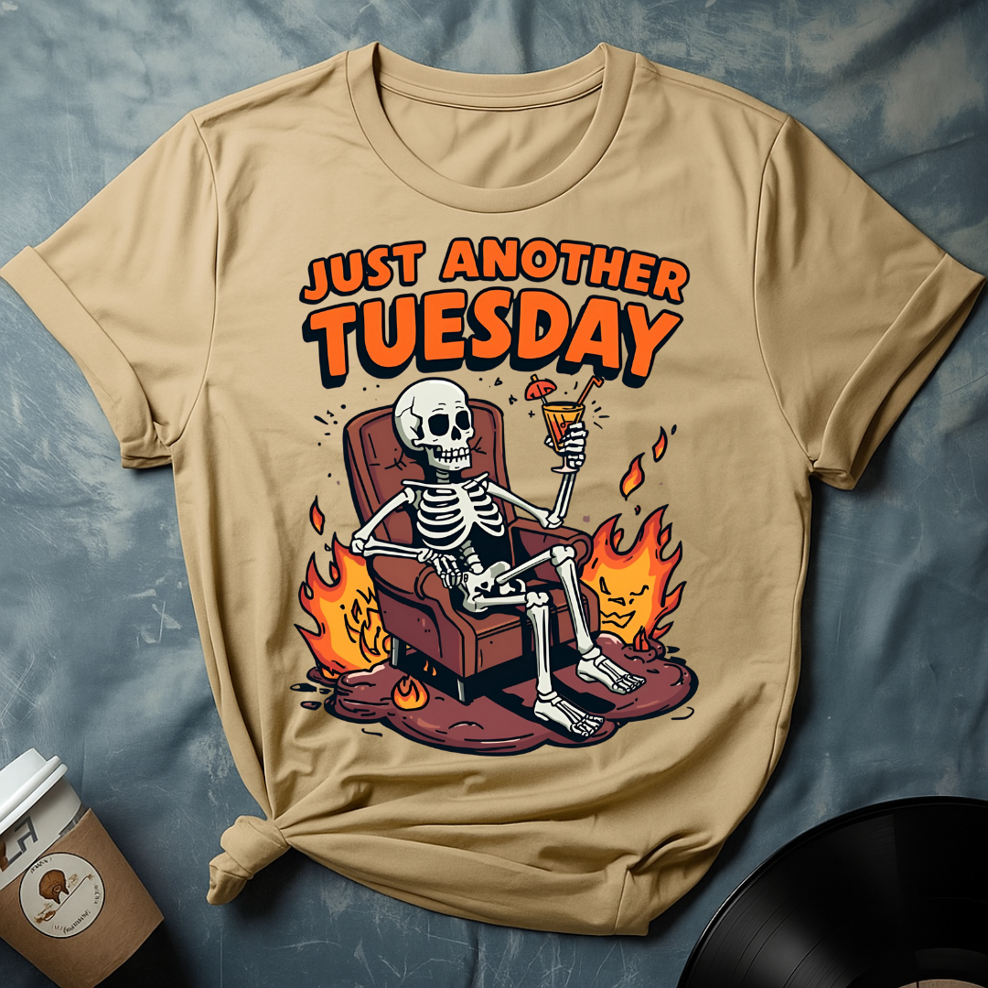 “Just Another Tuesday” Skeleton on Fire Sofa Meme T-Shirt