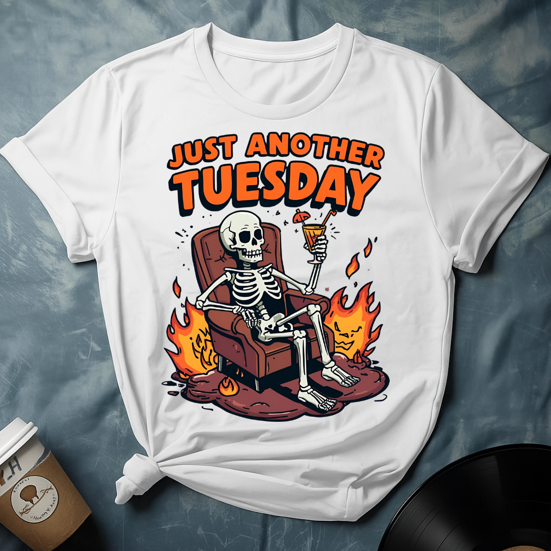 “Just Another Tuesday” Skeleton on Fire Sofa Meme T-Shirt