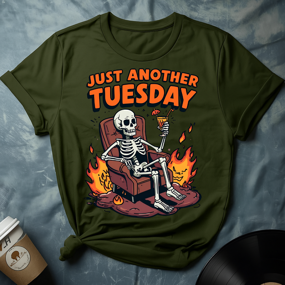 “Just Another Tuesday” Skeleton on Fire Sofa Meme T-Shirt