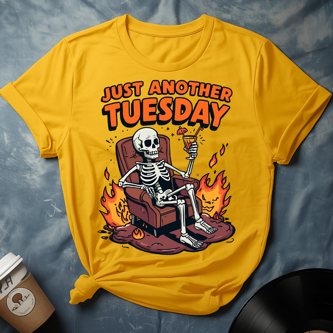 “Just Another Tuesday” Skeleton on Fire Sofa Meme T-Shirt