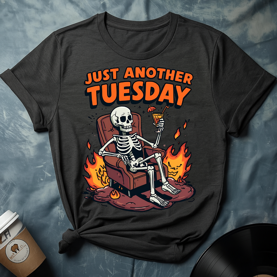 “Just Another Tuesday” Skeleton on Fire Sofa Meme T-Shirt